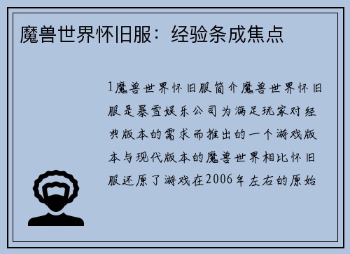 魔兽世界怀旧服：经验条成焦点